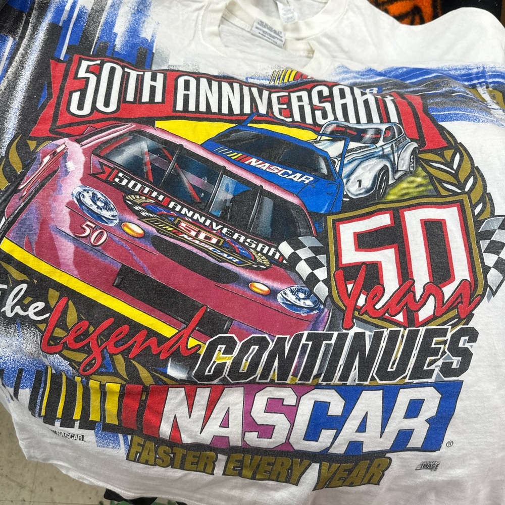 Nascar White 50th Anniversary Graphic Tee with Red Blue Yellow Print